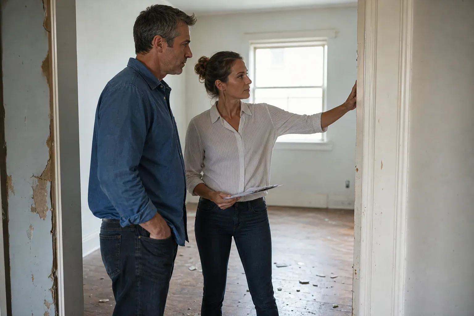 Un propriétaire inspecte avec un agent immobilier des dégradations dans un appartement loué, avec murs marqués et sol abîmé.