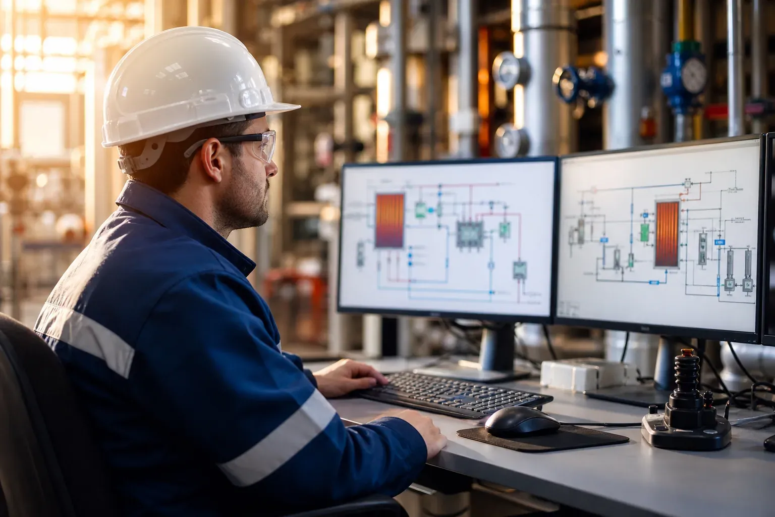 Technicien surveillant un système de chauffage industriel automatisé depuis une salle de contrôle, avec écrans, capteurs et installation en arrière-plan.