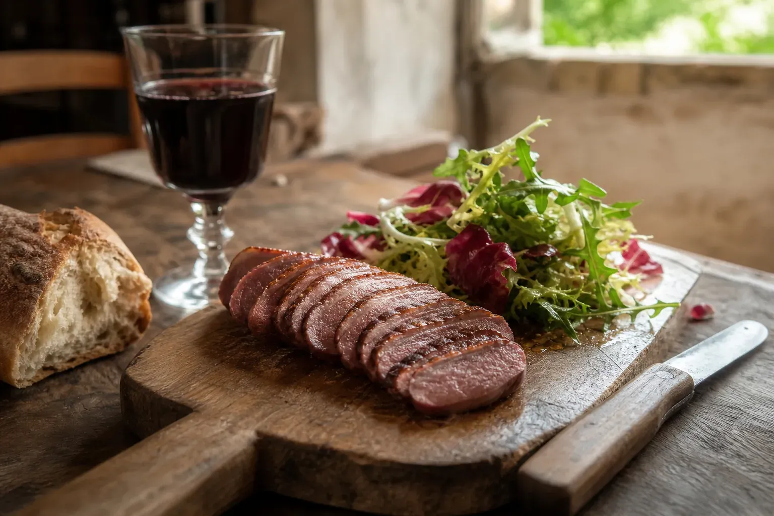 Magret fumé tranché finement sur une planche rustique, avec salade, pain de campagne et ambiance de bistrot français.