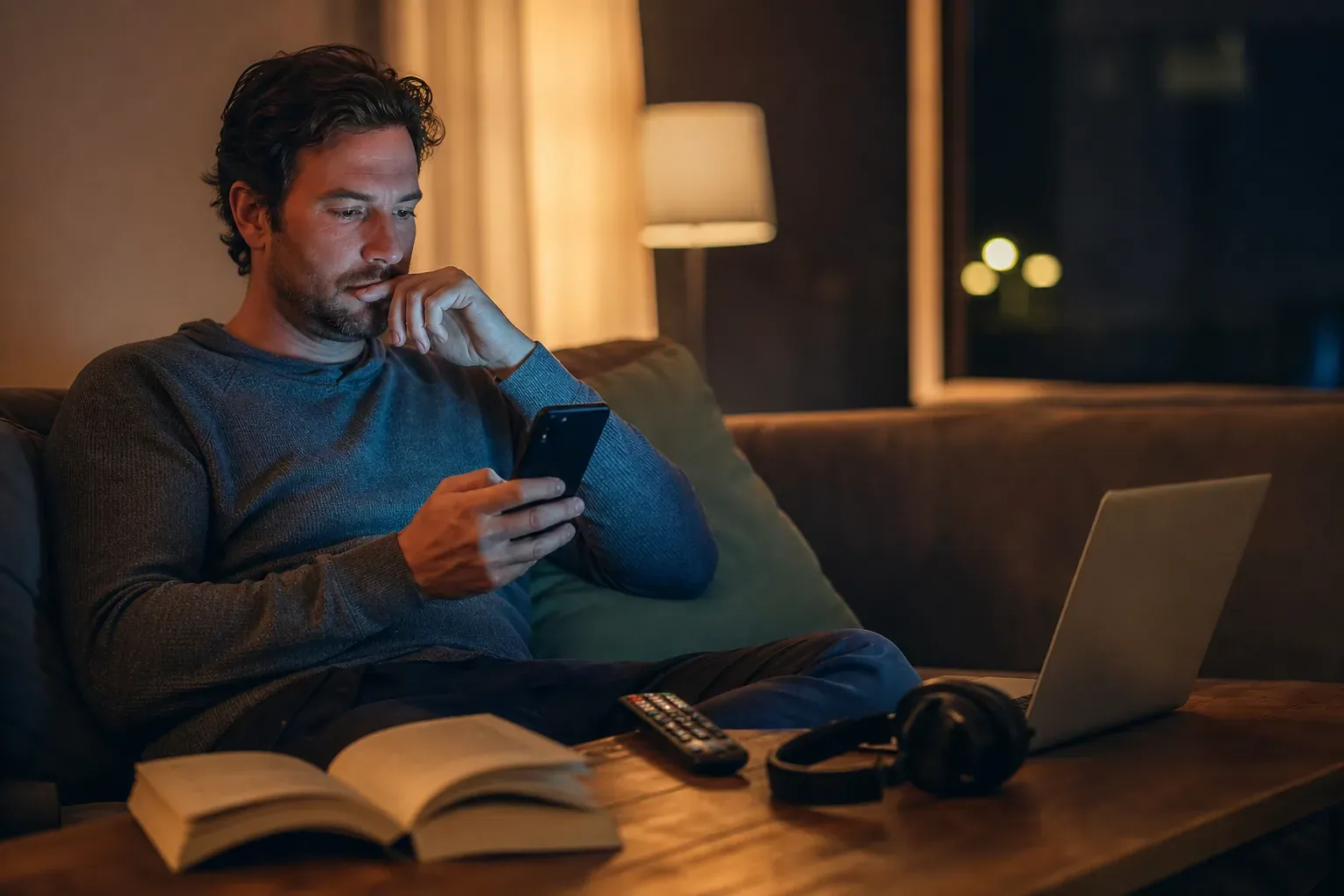 Photo éditoriale réaliste d’un adulte dans un salon tamisé, tenant un smartphone, avec un livre, une télécommande, un casque audio et un ordinateur portable sur la table.