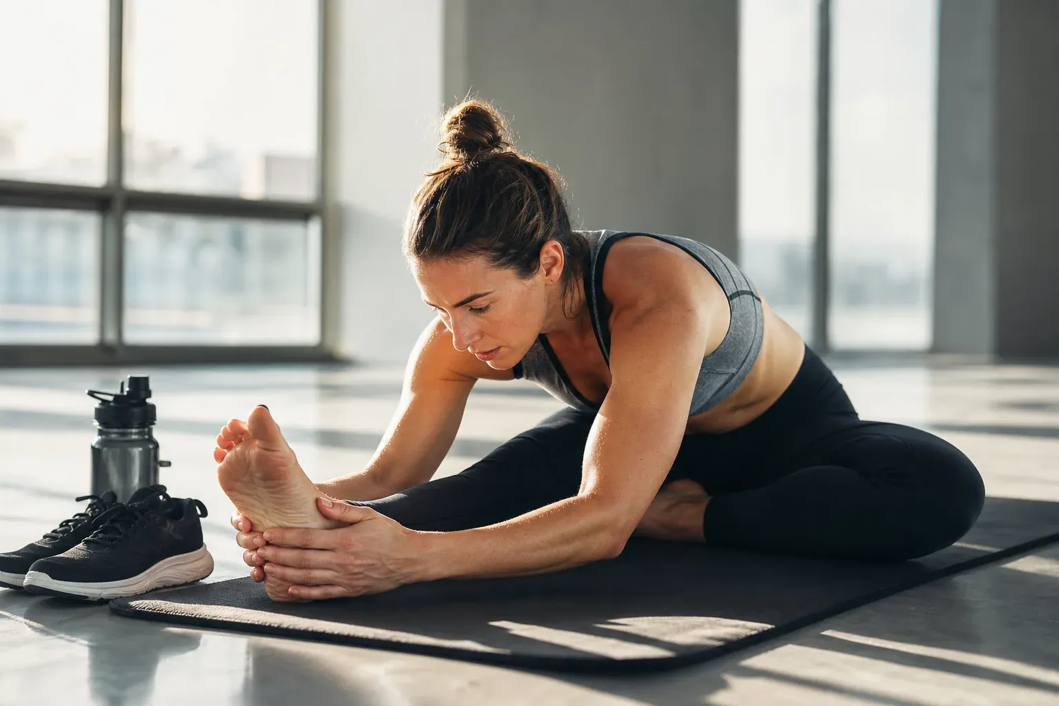 Un sportif en tenue d’entraînement réalise une posture de yoga sur un tapis dans une salle lumineuse, avec des chaussures de course et une gourde à côté.