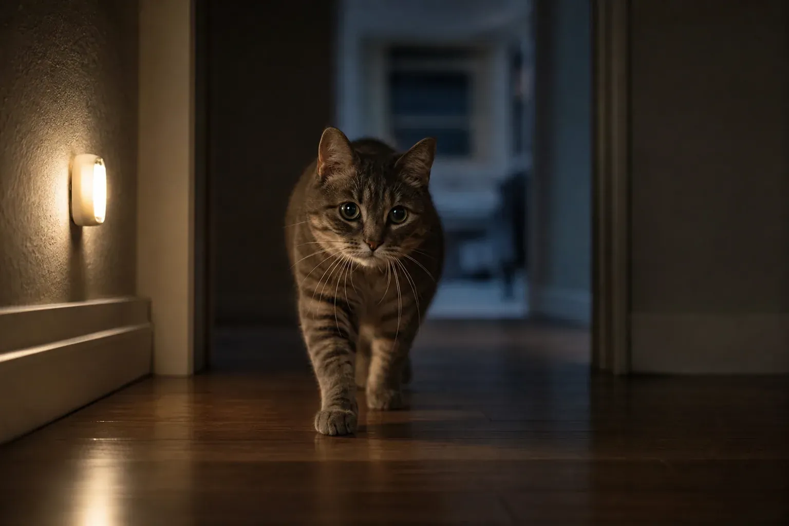 Un chat domestique avance dans un couloir faiblement éclairé la nuit, avec un reflet lumineux dans ses yeux.