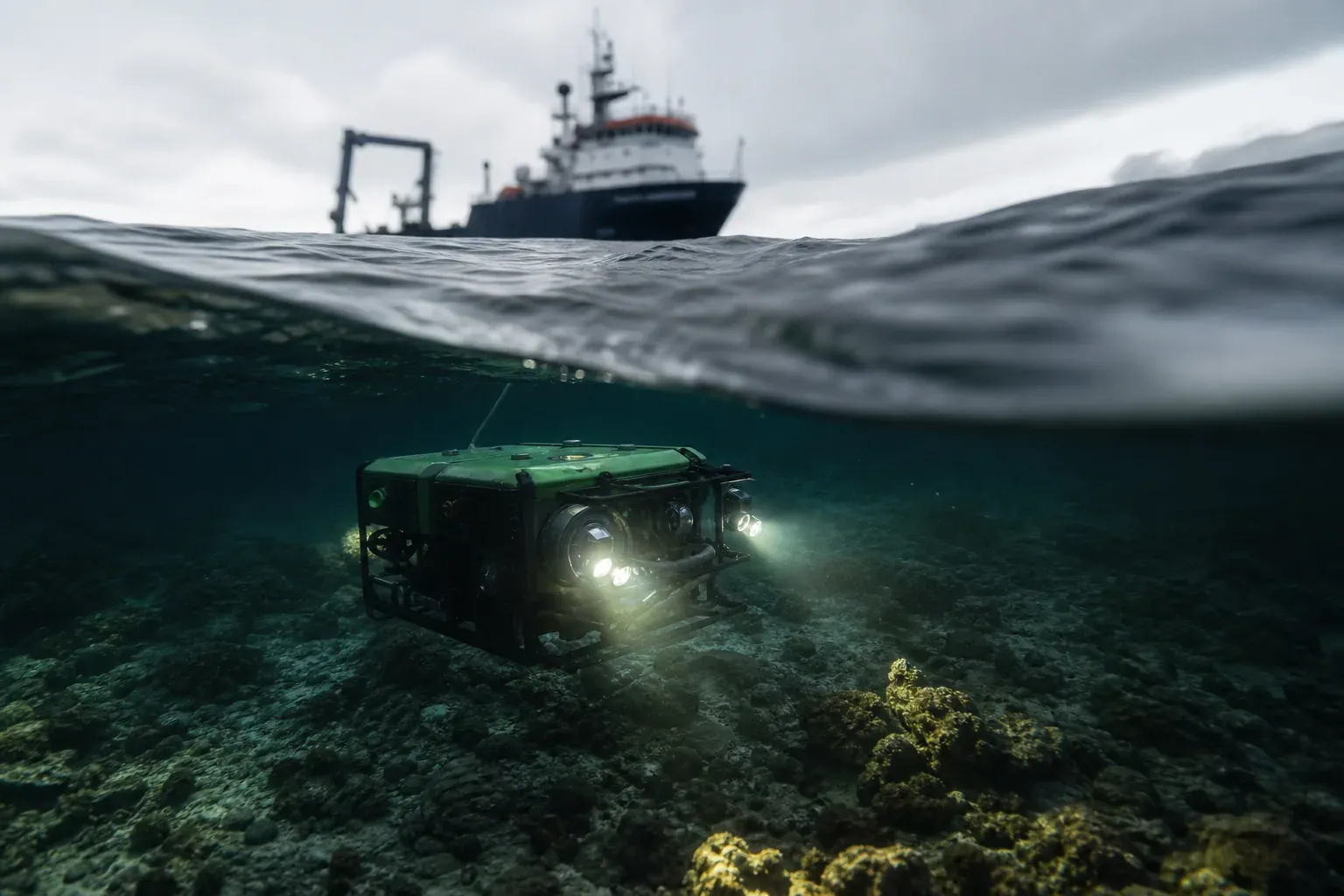 Un drone sous-marin de recherche équipé de capteurs explore un fond marin sombre et pauvre en oxygène, avec une ambiance scientifique réaliste.