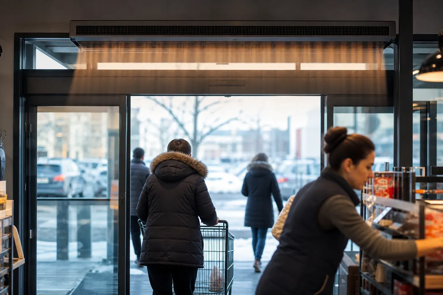 Photo réaliste d’une entrée de commerce moderne avec un rideau d’air chaud discret au-dessus de la porte.