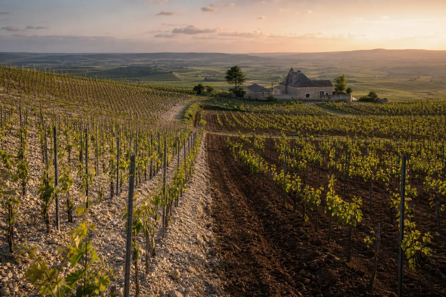 Paysage de vignoble français avec deux parcelles aux sols et aux expositions différents, illustrant la variation des terroirs selon les régions.