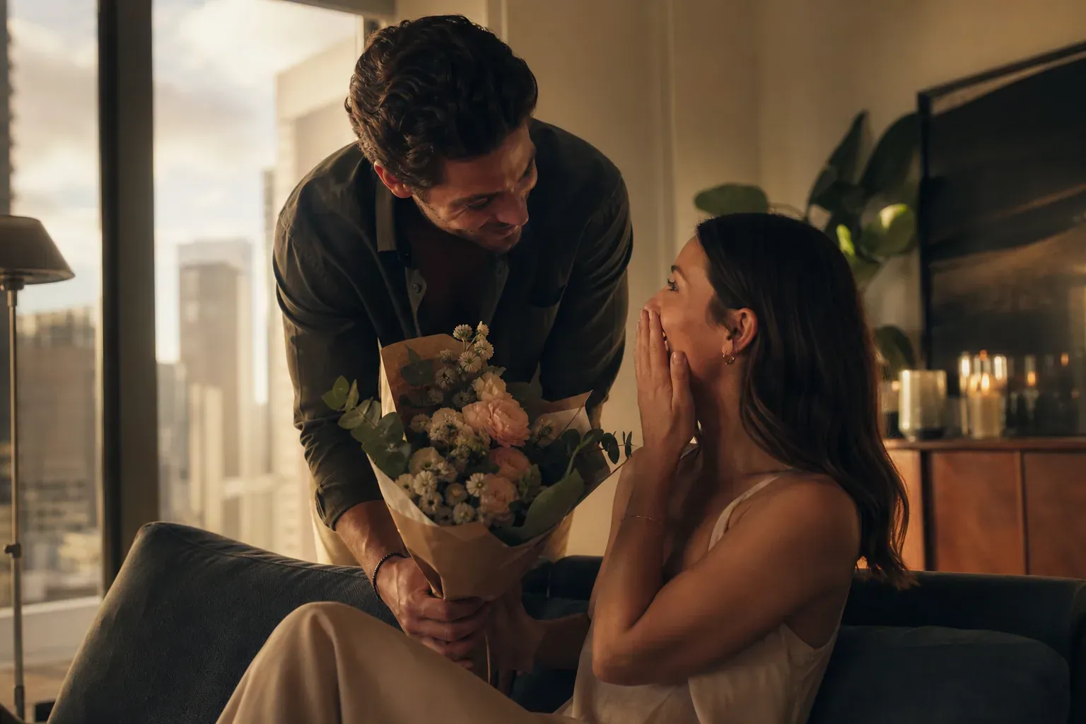 Un homme élégant offre un bouquet à sa compagne dans une ambiance chaleureuse, avec un regard tendre et protecteur.