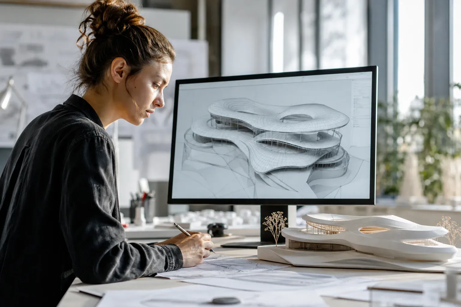 Un architecte devant un écran affichant un modèle paramétrique, avec une maquette physique et des outils de conception sur un bureau de studio moderne.
