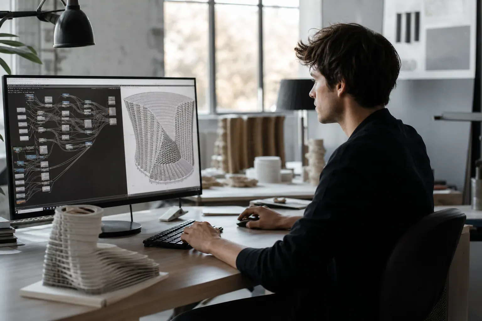 Un designer travaille sur un écran avec un modèle paramétrique, à côté d’une maquette 3D abstraite dans un studio lumineux.