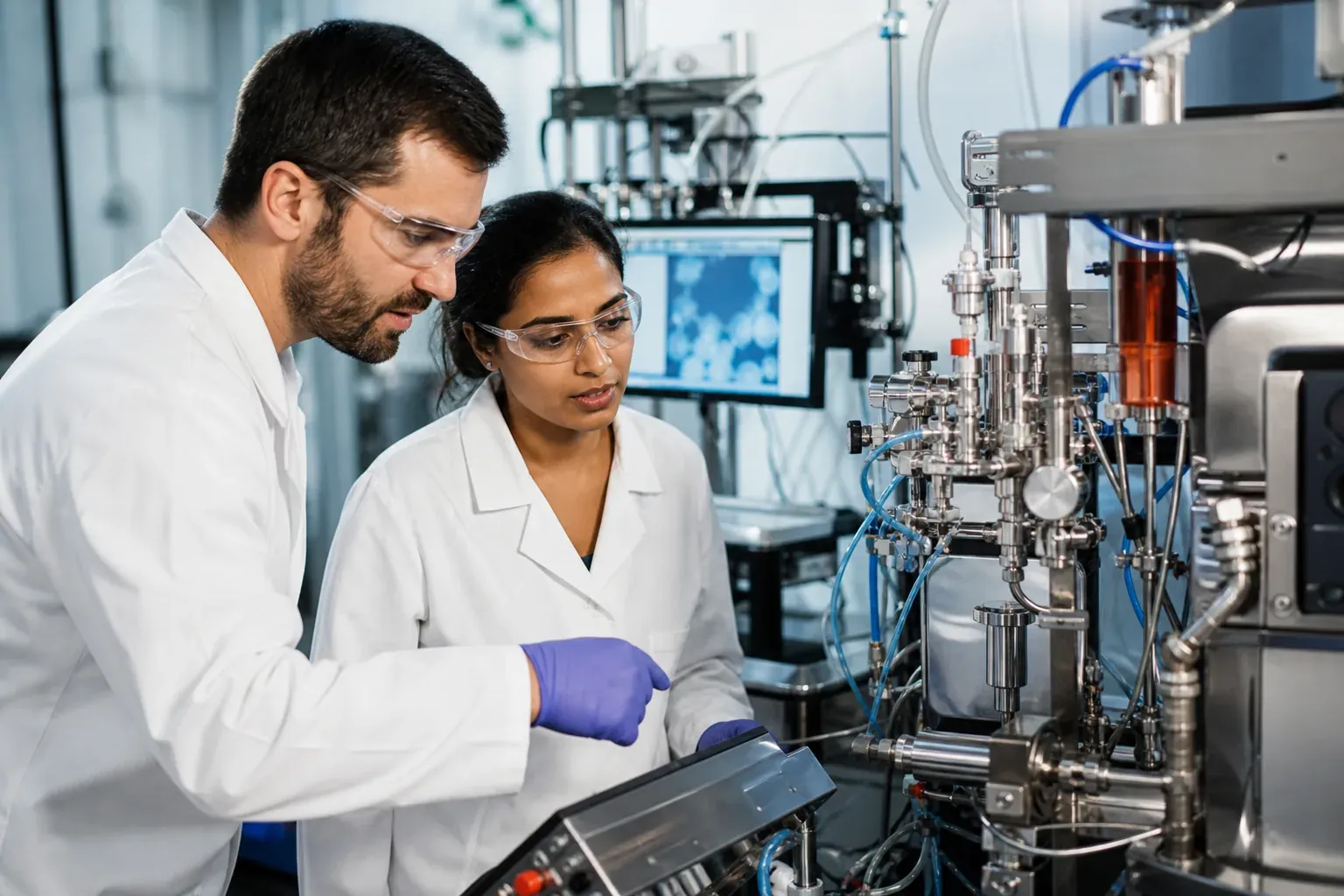 Un laboratoire moderne avec un chercheur observant un dispositif de synthèse en flux et des instruments d’analyse, dans un environnement pharmaceutique propre et technique.