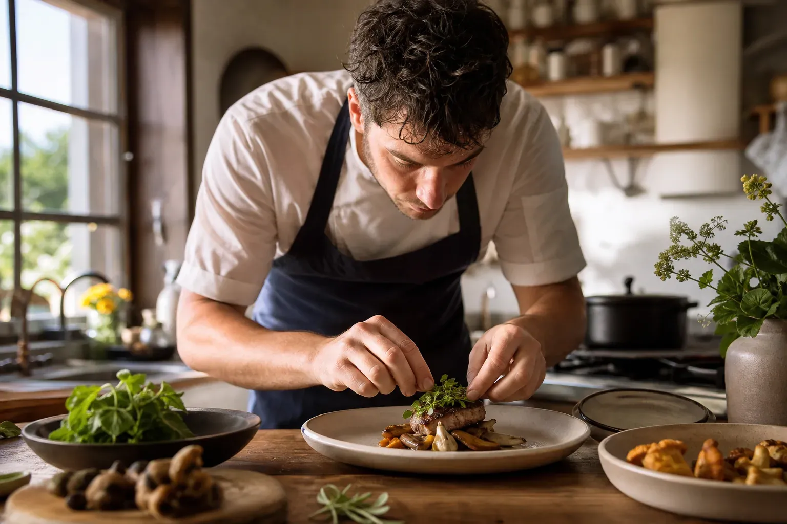 Un chef dresse une assiette contemporaine dans une cuisine chaleureuse, avec des ustensiles en bois, des produits de saison et une cocotte traditionnelle en arrière-plan.