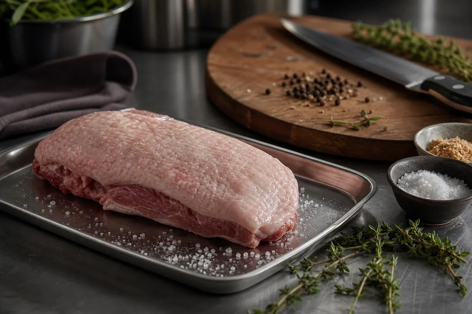 Magret de canard cru posé sur une grille, entouré de sel, sucre, poivre et herbes, prêt à être préparé pour un fumage maison.