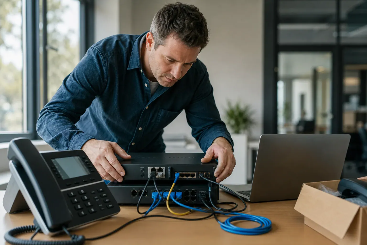 Un responsable informatique installe un poste VoIP dans un bureau moderne, à côté d’anciens téléphones de standard téléphonique classique.
