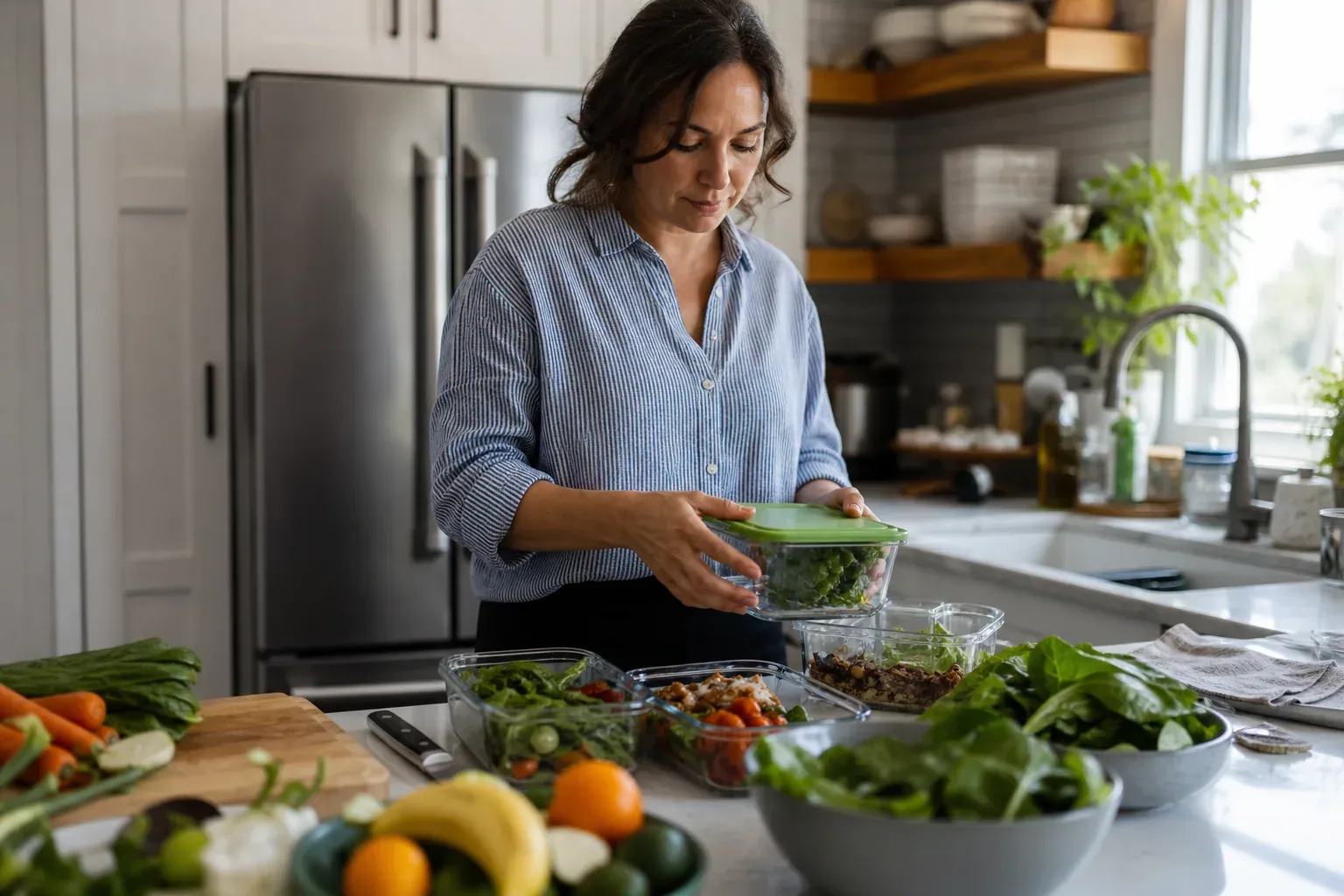 Une personne range des aliments frais et des restes dans une cuisine moderne, avec des contenants réutilisables et un réfrigérateur bien organisé.
