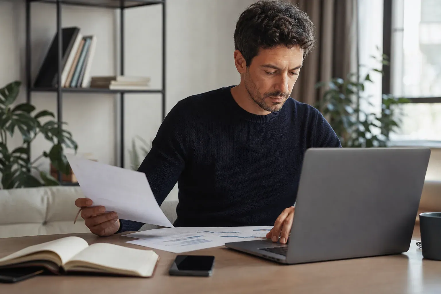 Auto-entrepreneur travaillant sur un ordinateur portable pour créer un devis et une facture dans un bureau à domicile.