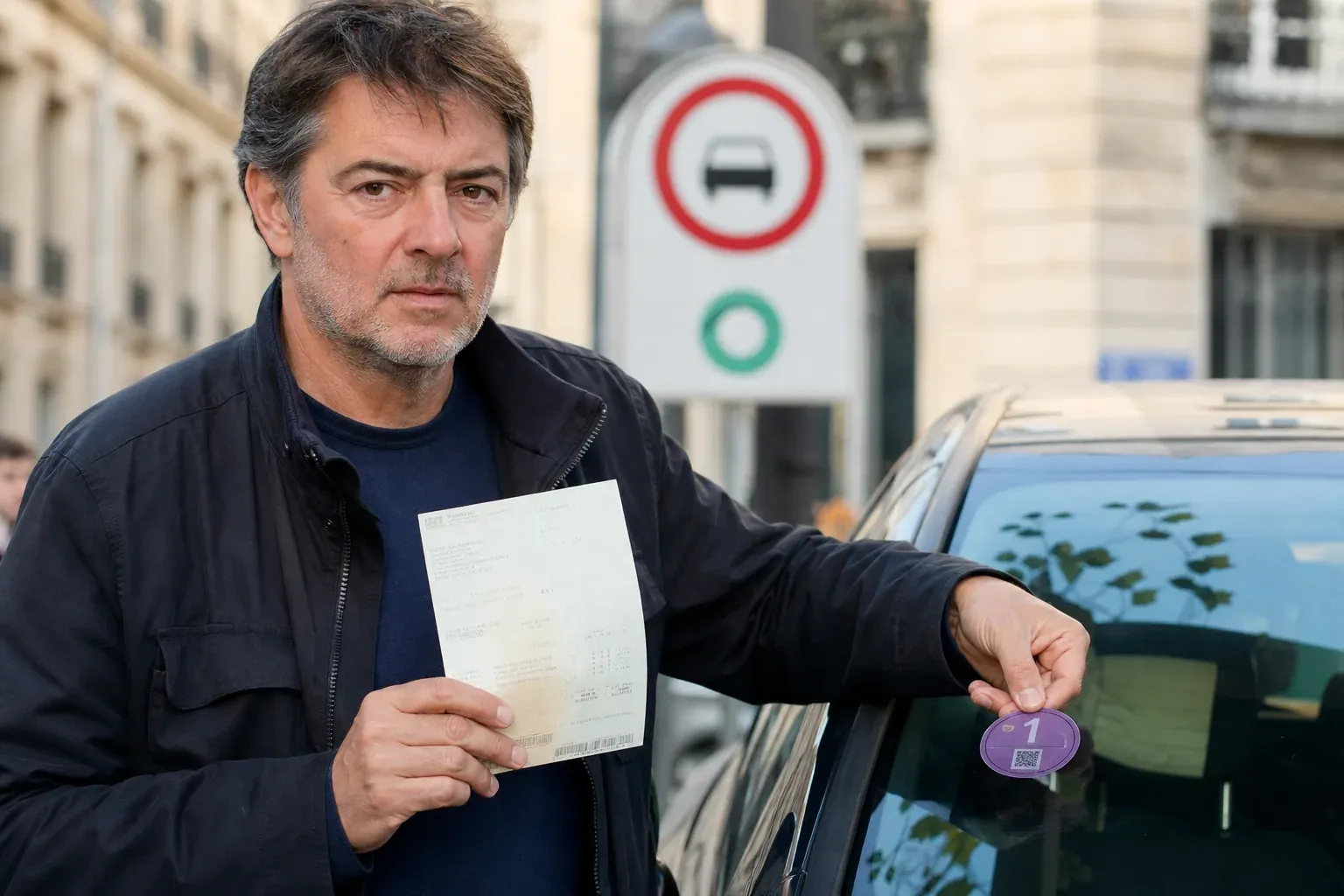 Un automobiliste colle une vignette Crit’Air sur le pare-brise d’une voiture, avec sa carte grise en main dans un environnement urbain.