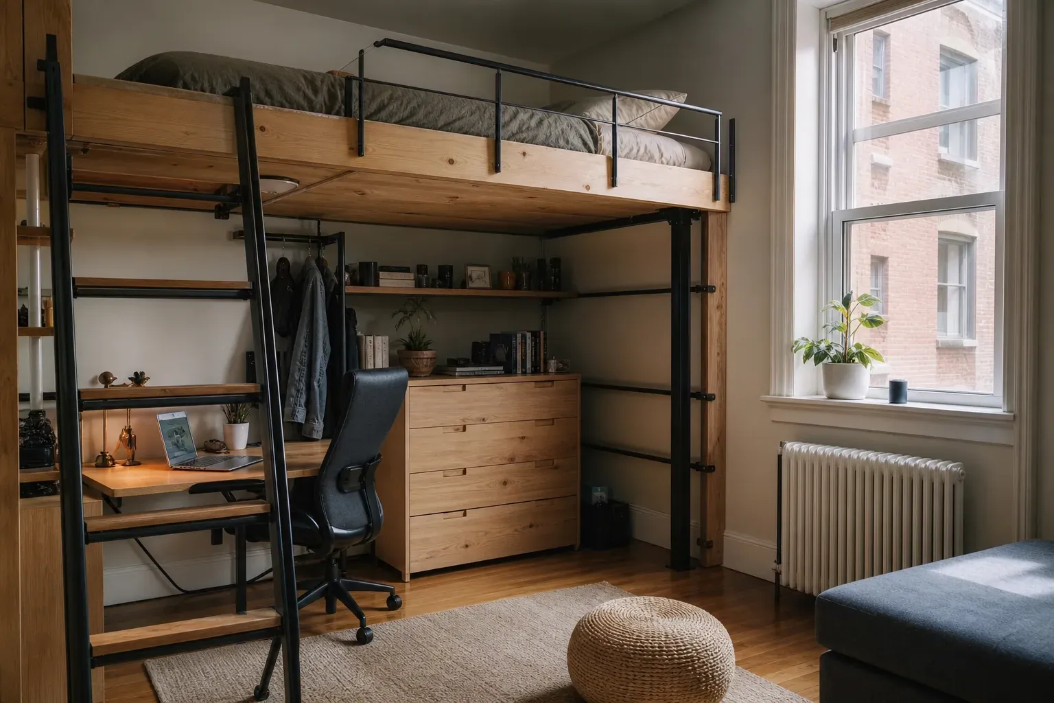 Petit appartement lumineux avec un lit mezzanine sur mesure en bois clair, un bureau aménagé dessous et des rangements intégrés.