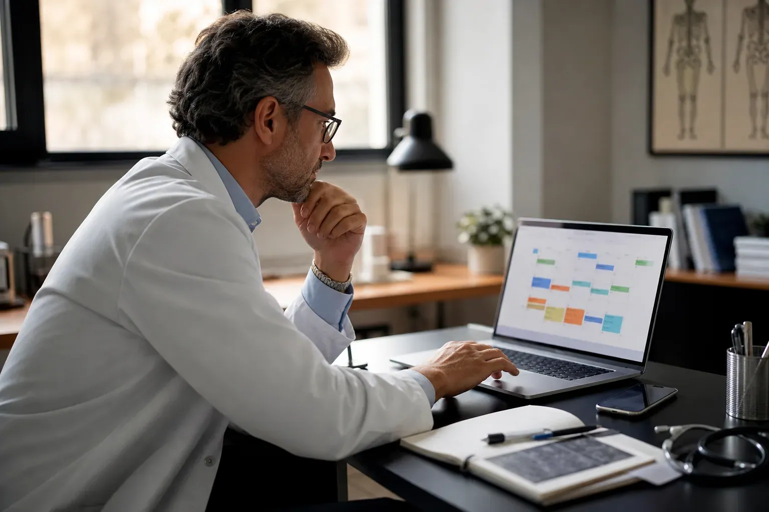 Un professionnel de santé consulte son agenda médical sur ordinateur dans un cabinet moderne, avec son téléphone et des documents à portée de main.
