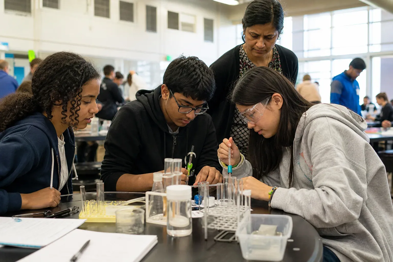 Photo réaliste d’élèves en groupe lors d’olympiades scientifiques, encadrés par des enseignants dans une salle de sciences lumineuse.