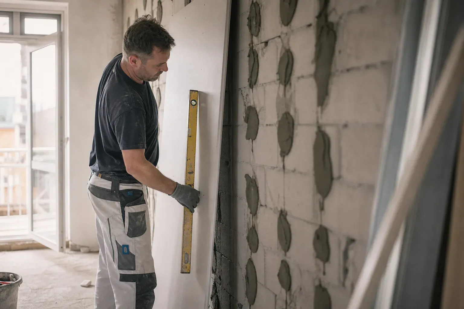 Un artisan pose des plaques de placo collé sur un mur intérieur avec un niveau à bulle, dans une pièce en rénovation.