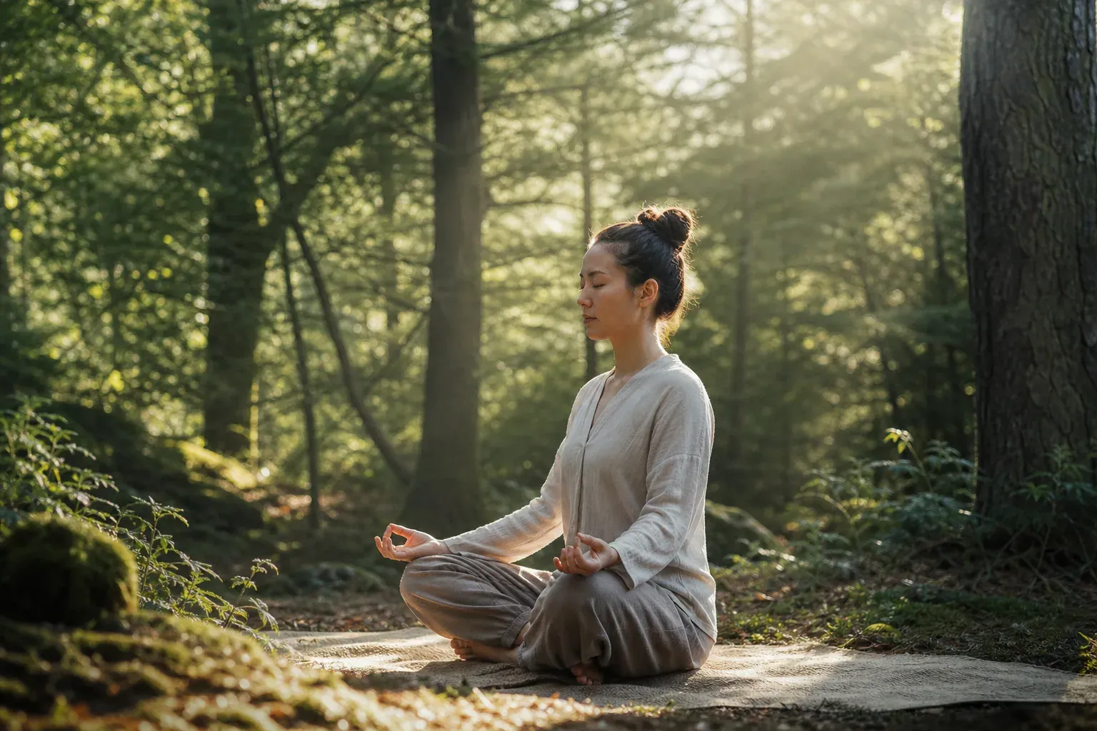 Une personne assise en méditation sur un tapis simple dans une clairière forestière baignée de lumière naturelle.