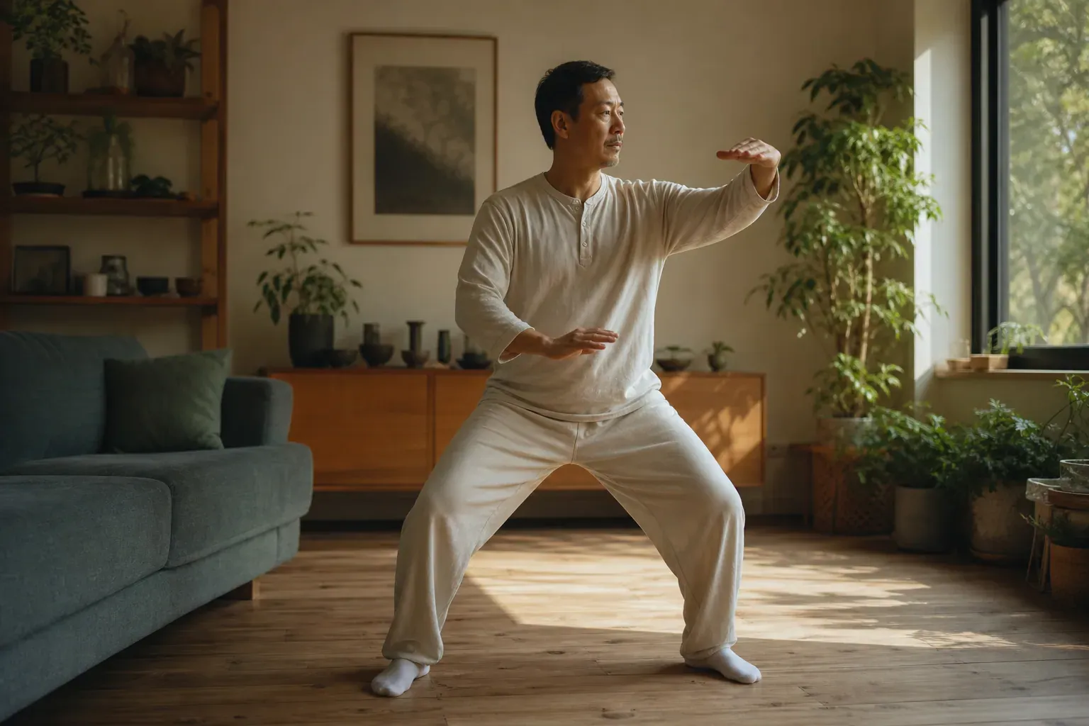 Une personne pratique le Qi Gong des 8 pièces de brocart dans un salon calme, éclairé par la lumière douce du matin.
