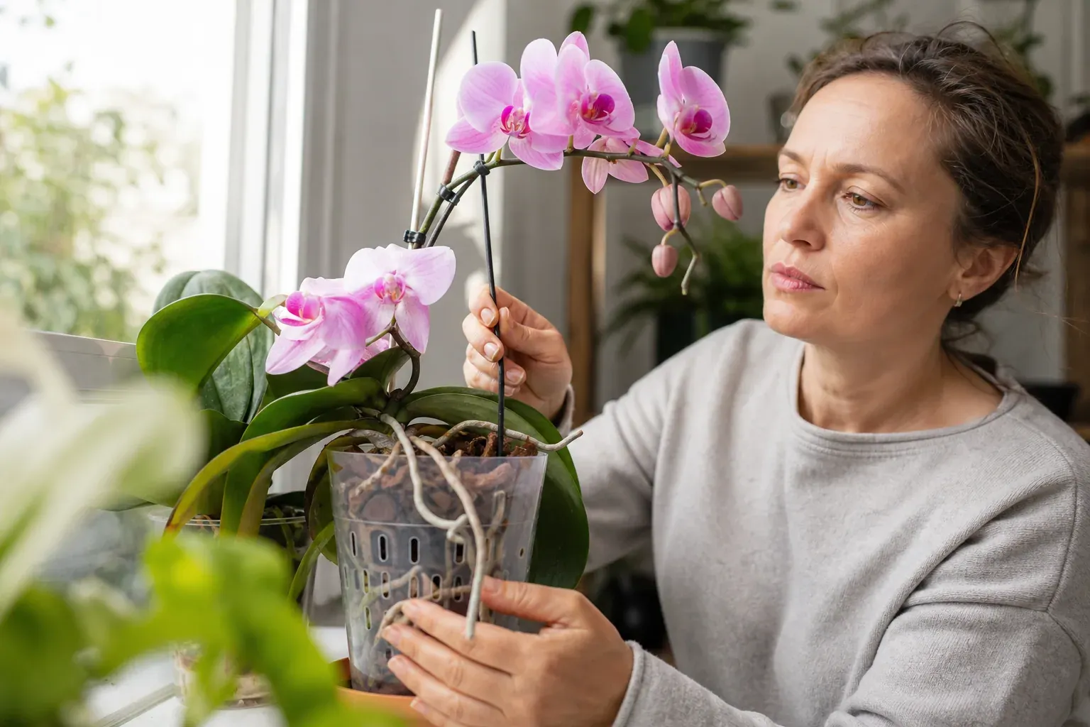 Une orchidée en pleine floraison posée près d’une fenêtre lumineuse, avec un pot transparent et des racines visibles, tenue par une main en train de l’entretenir.