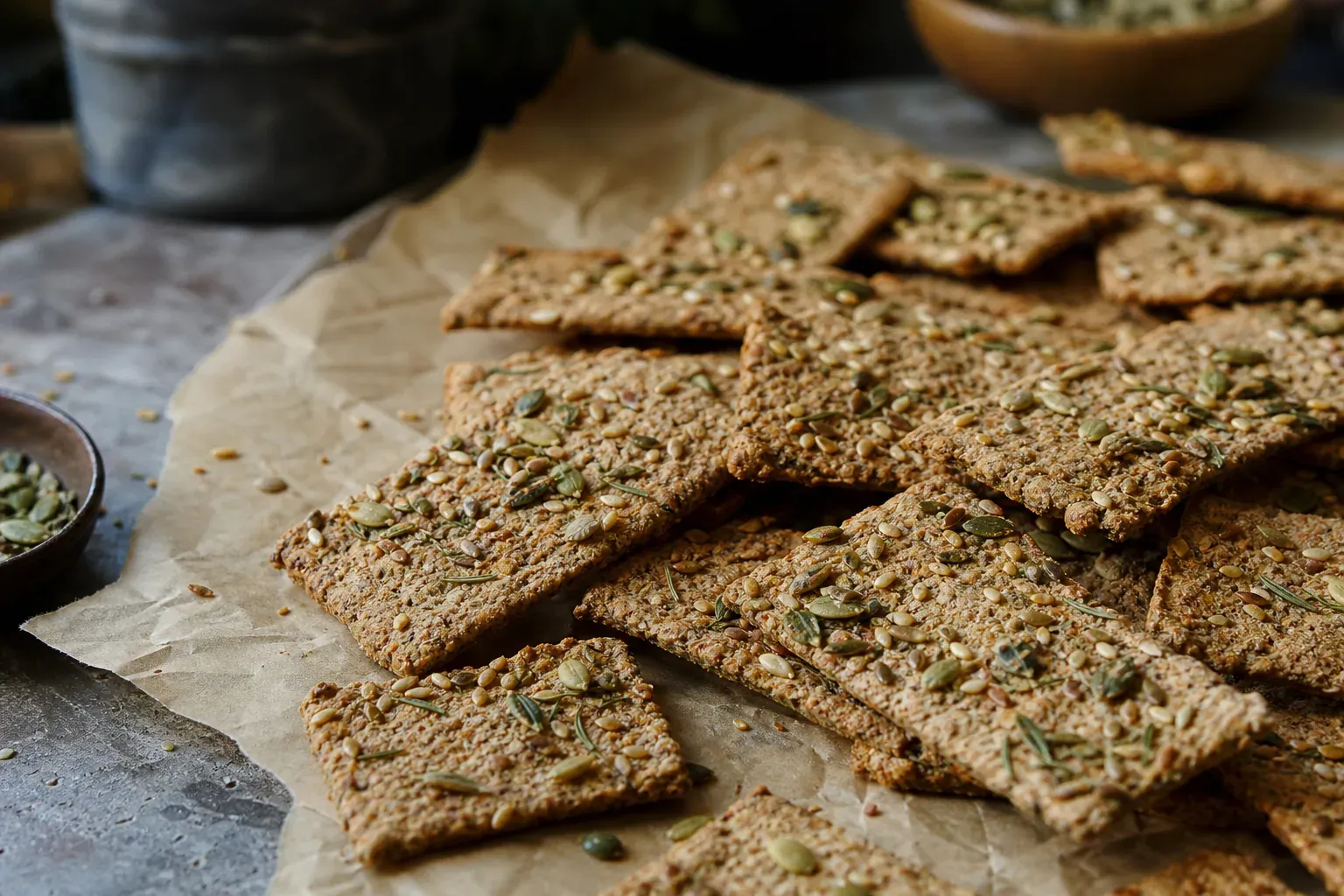 Photo réaliste de crackers au sarrasin dorés et croustillants, posés sur une plaque de cuisson avec des graines et des herbes.