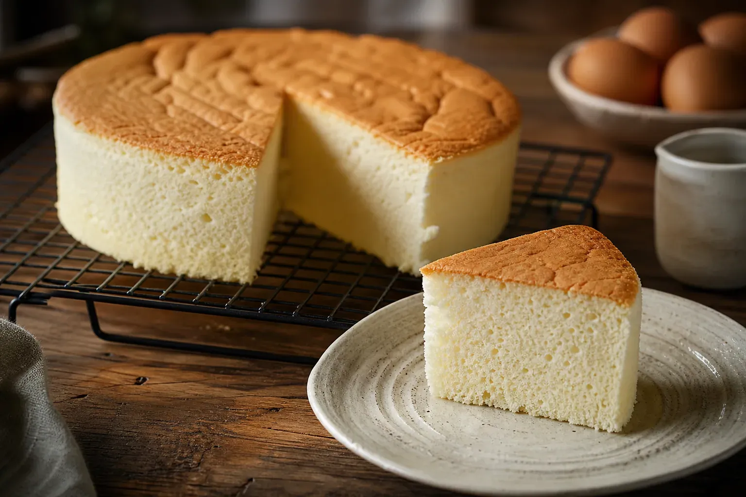 Un gâteau léger aux blancs d’œuf, doré en surface et découpé pour montrer une mie aérienne, posé dans une cuisine lumineuse.
