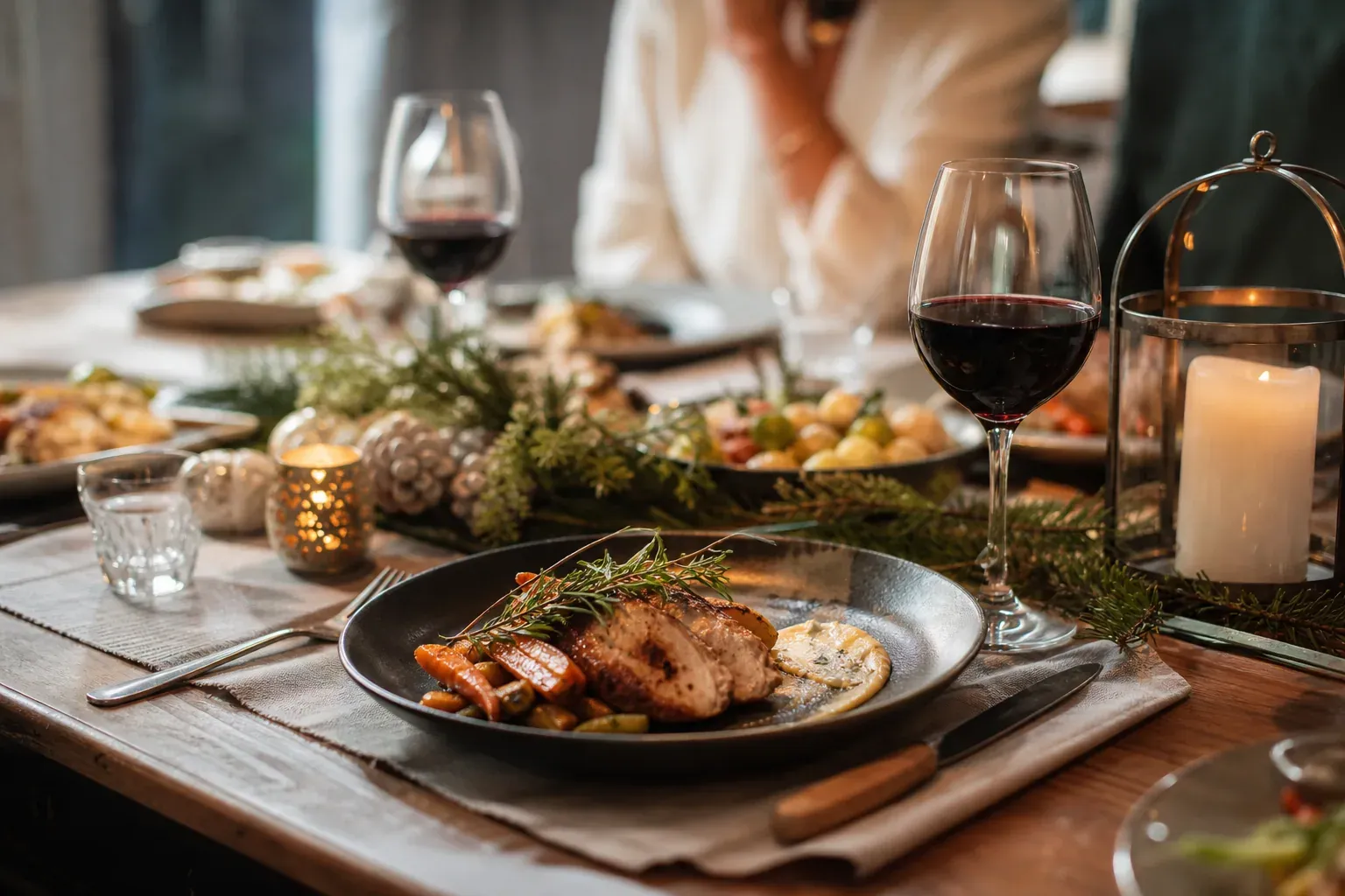 Table de fête élégante avec assiettes dressées, bougies, verres à vin et plat raffiné servi au centre dans une ambiance chaleureuse.
