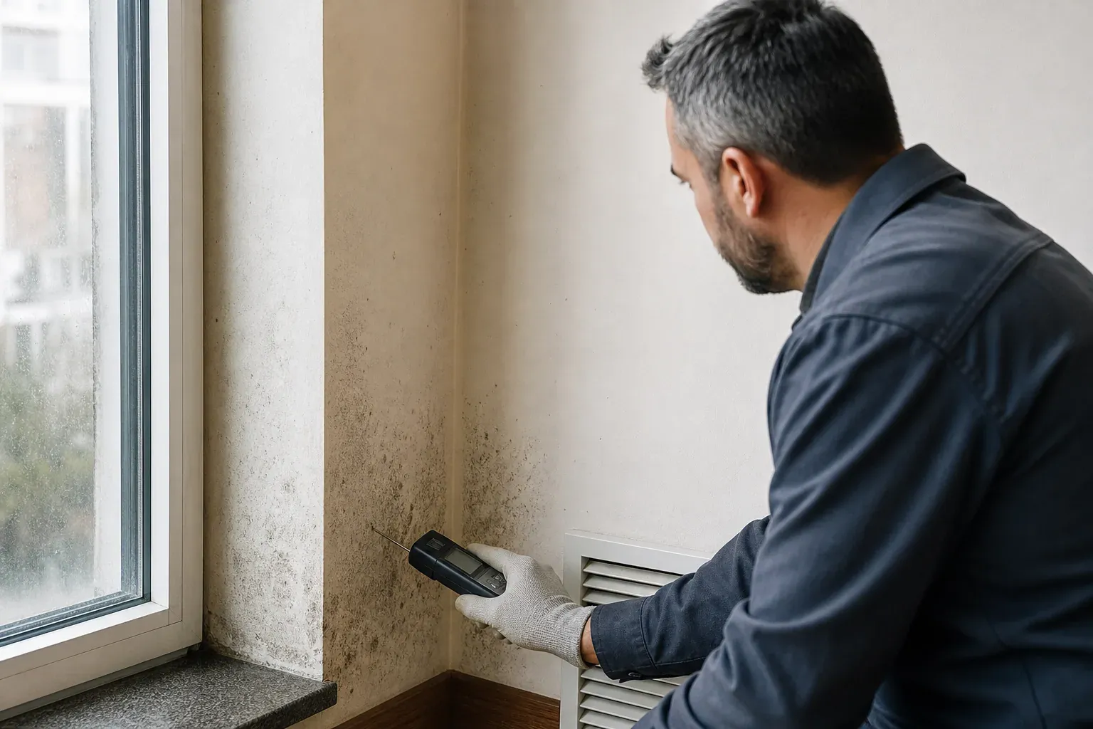 Technicien inspectant un angle humide dans des locaux, avec un hygromètre et une grille de ventilation à proximité.