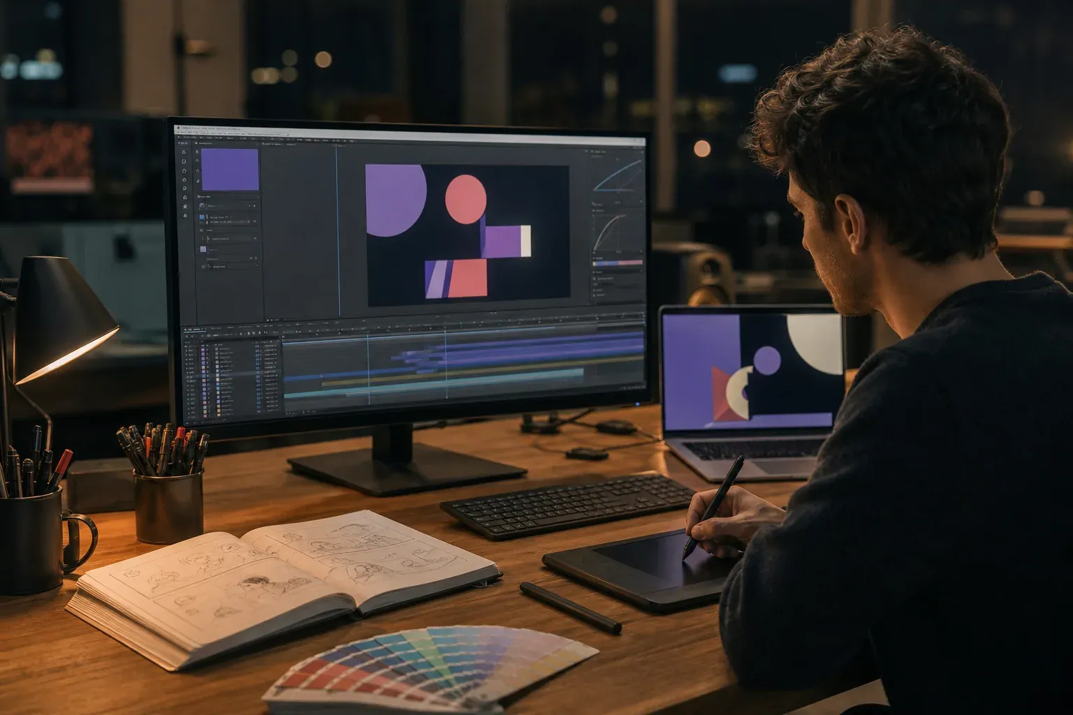 Un motion designer travaille sur une animation sur écran avec storyboard, palette de couleurs et tablette graphique sur un bureau de studio.