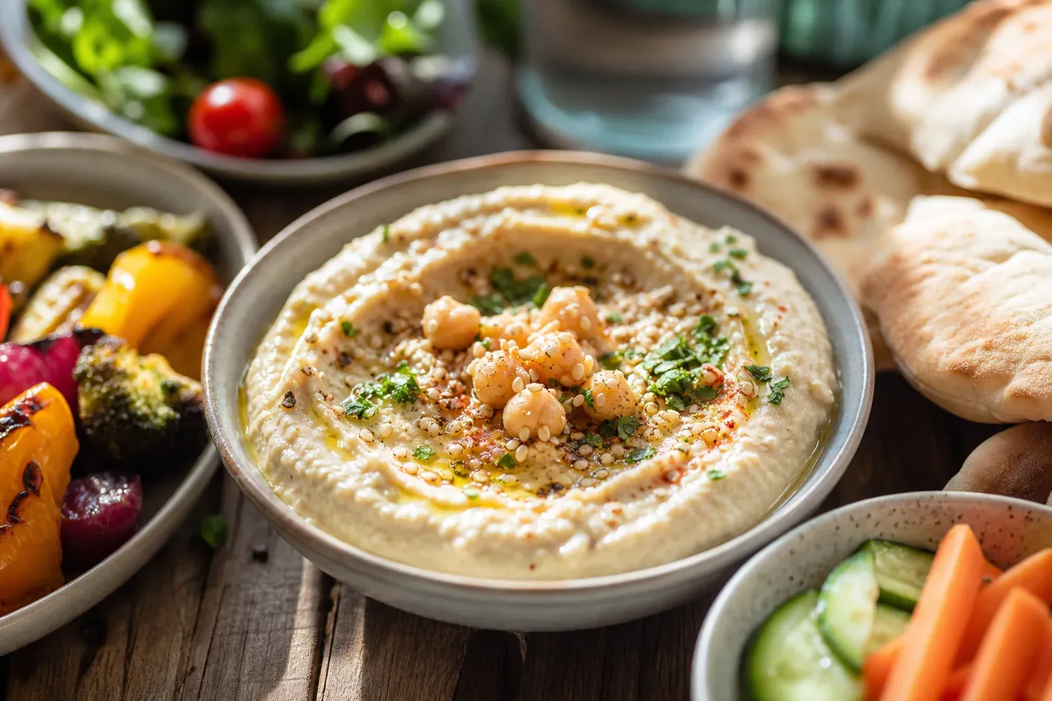Bol de houmous maison crémeux, garni d'huile d'olive, de paprika et d'herbes fraîches, entouré de pita et de crudités.