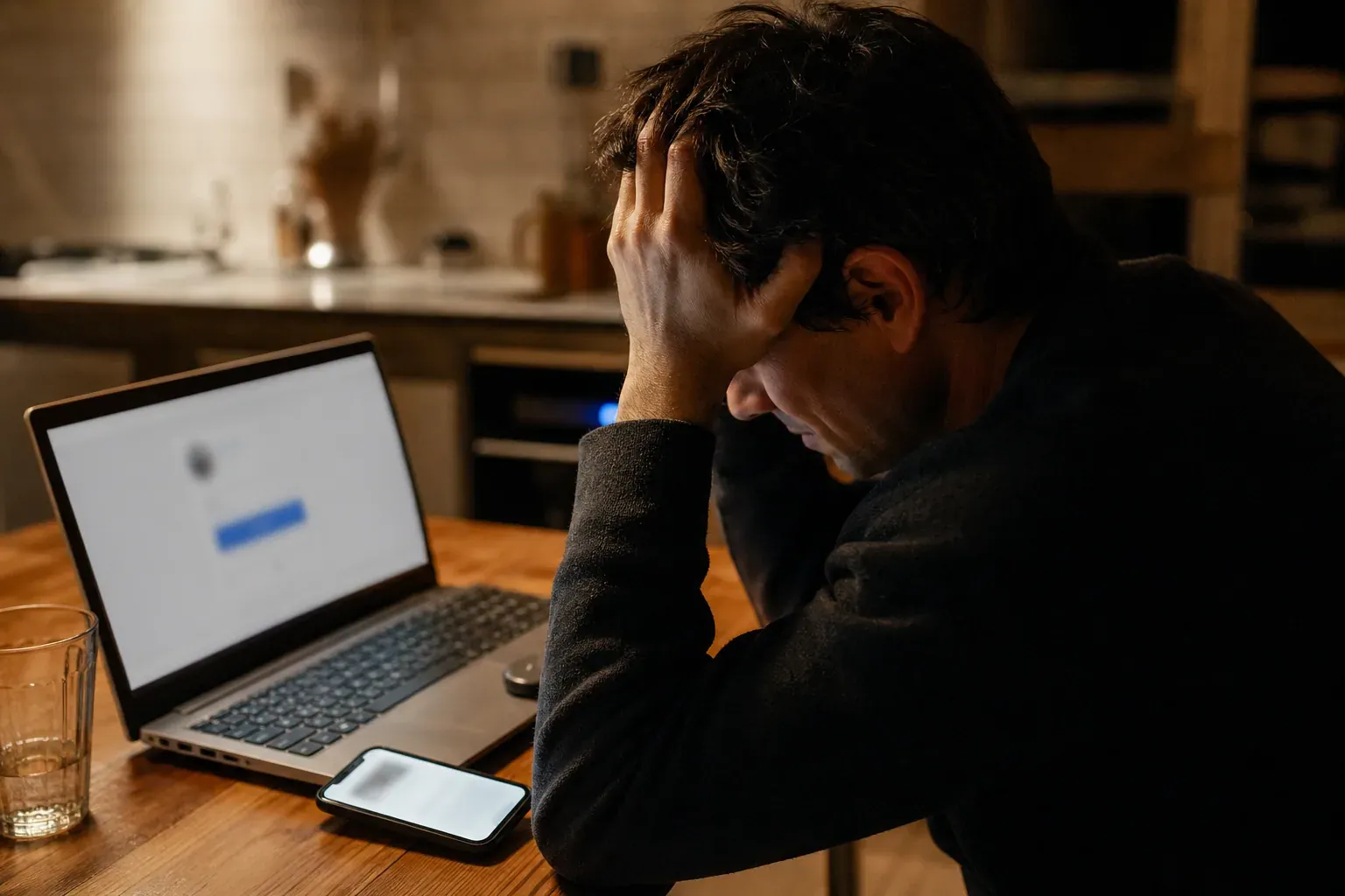 Une personne stressée tente de récupérer son compte Facebook sur un ordinateur portable, avec son téléphone à côté pour recevoir un code de vérification.