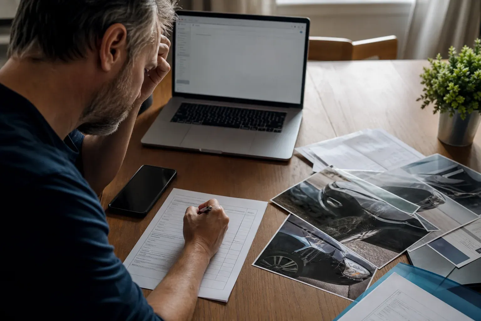 Personne rédigeant une déclaration d’accident à table, avec des photos de dégâts, des papiers d’assurance et un téléphone à proximité.