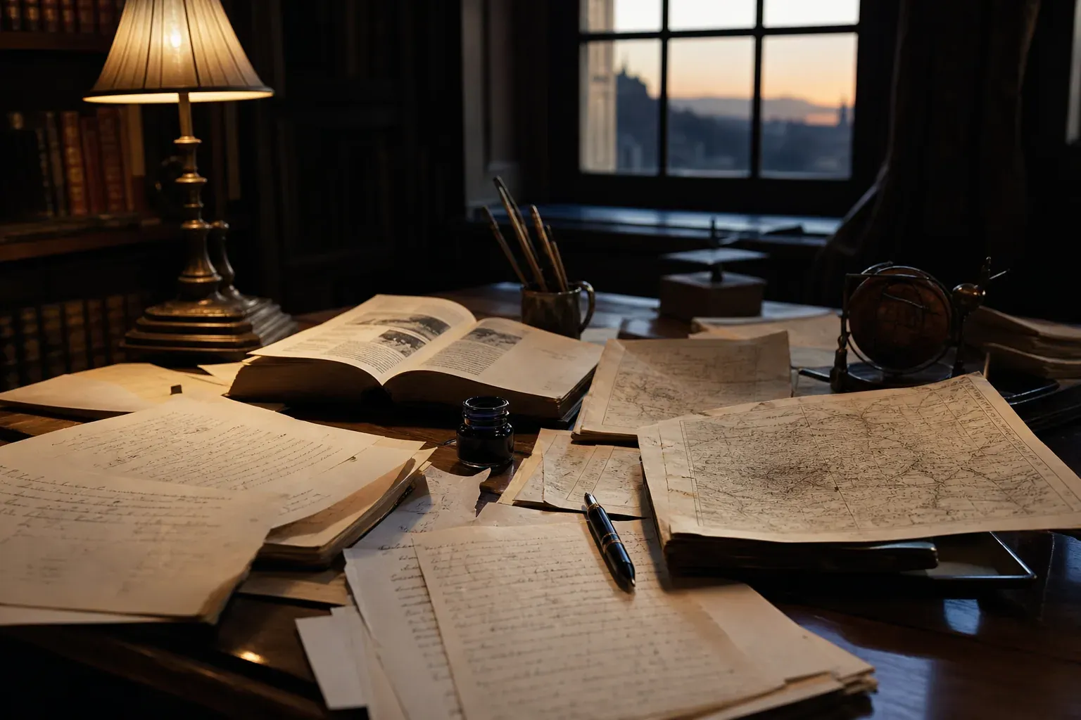 Un bureau d’écriture réaliste avec des manuscrits, des livres d’histoire ouverts, des cartes anciennes et une plume, dans une ambiance studieuse.