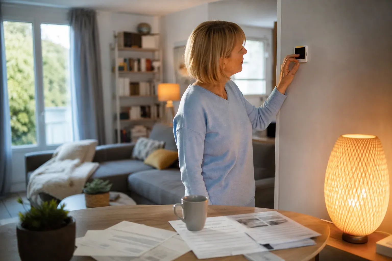 Une personne ajuste un thermostat dans un salon, avec des factures d’énergie posées sur une table et une lumière naturelle douce.