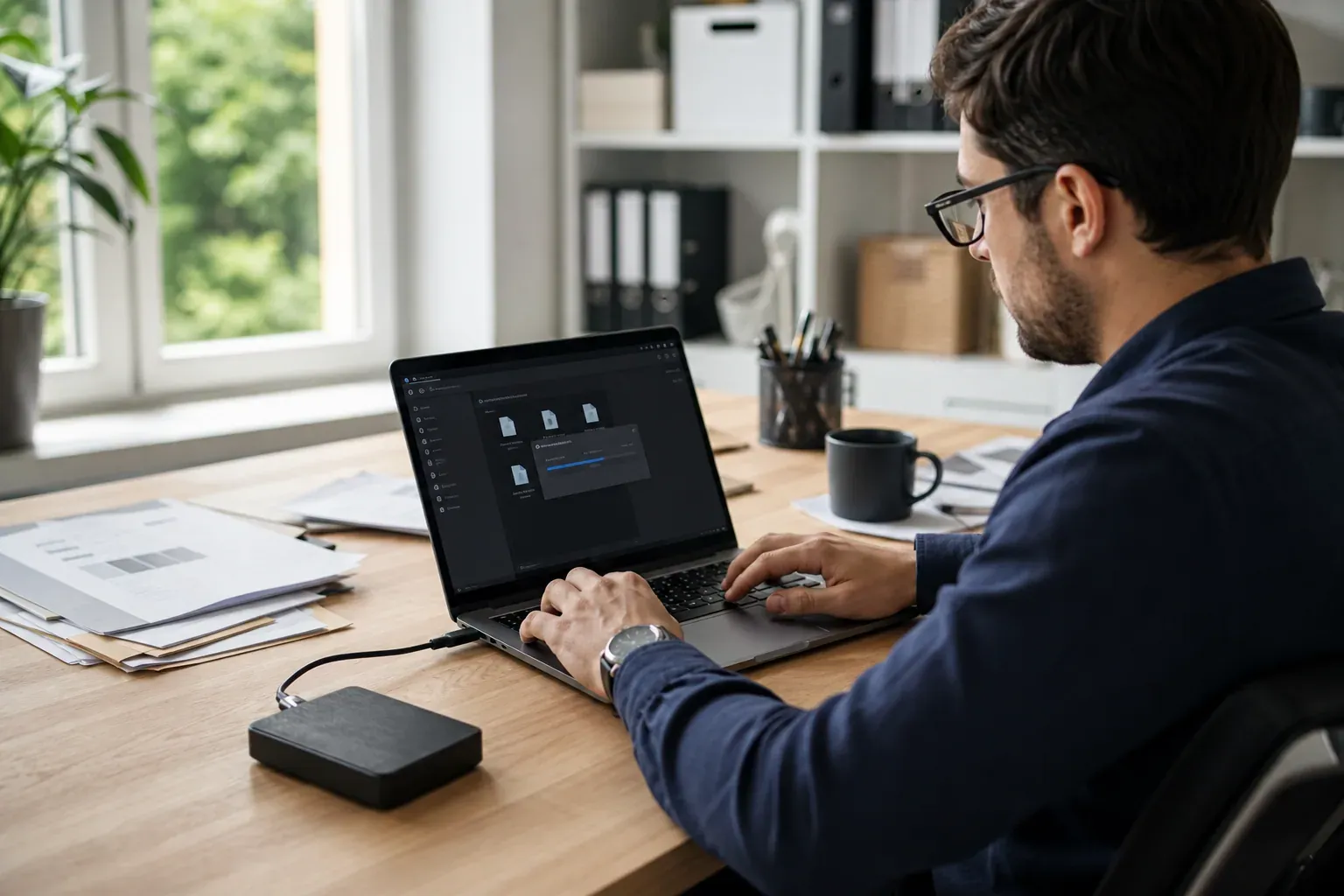 Une personne utilise un ordinateur portable pour compresser et organiser des fichiers sur un bureau moderne.