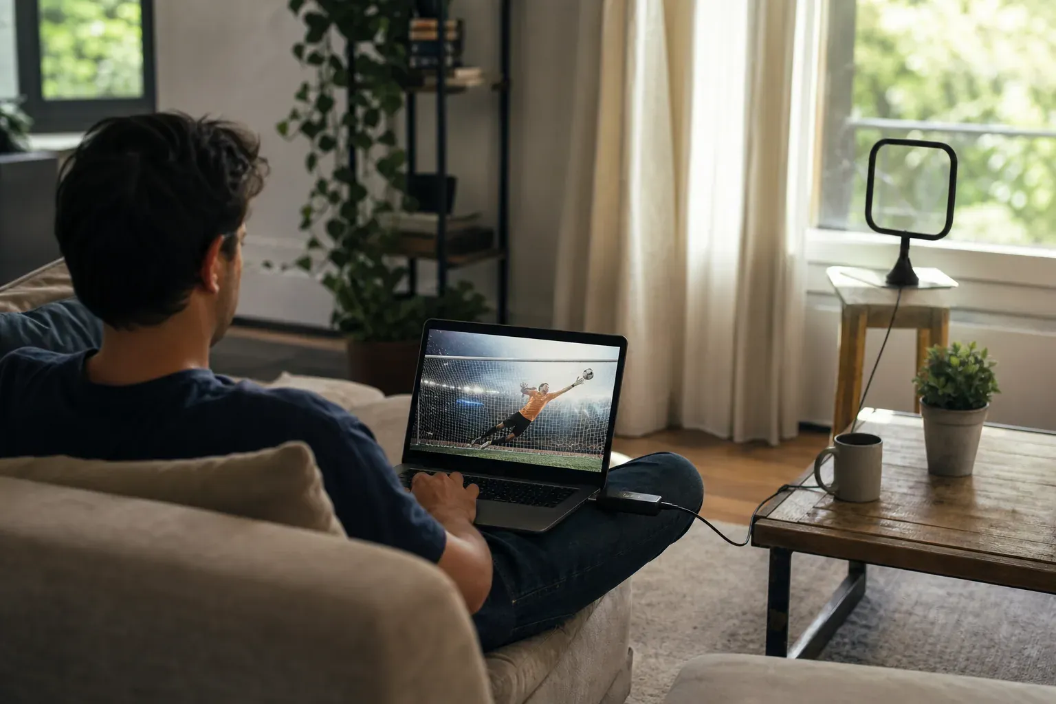 Un PC portable affichant une chaîne de télévision en direct, relié à une clé TNT USB et à une antenne placée près d’une fenêtre.