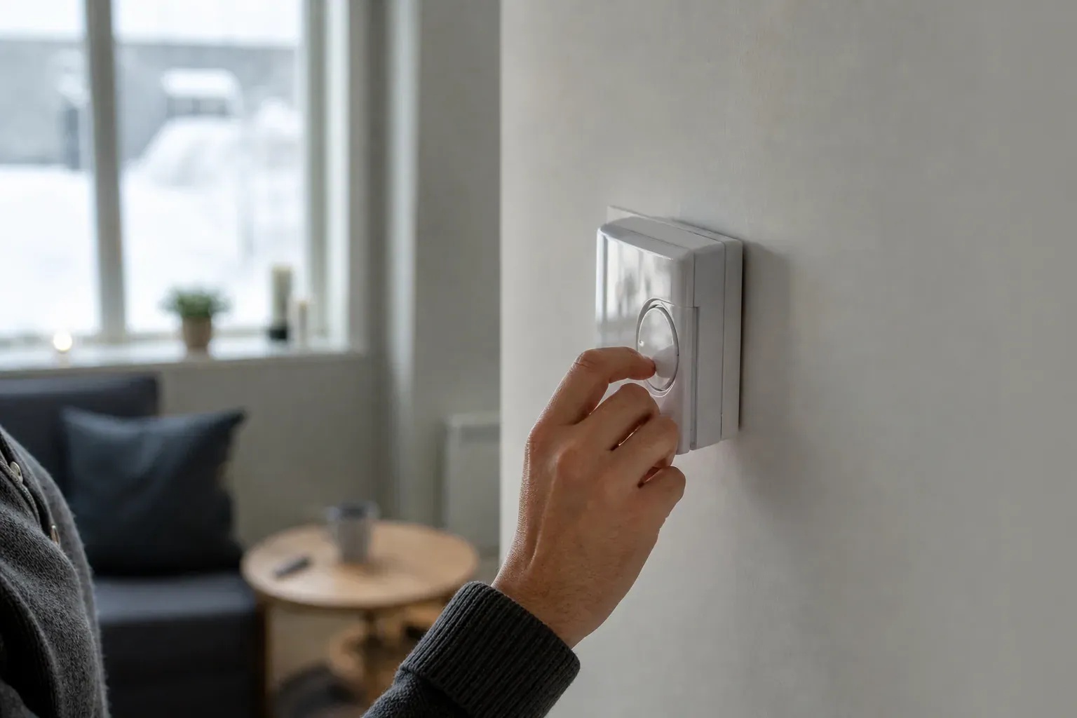 Une main règle le programmateur d’un chauffage électrique mural dans un intérieur moderne éclairé par la lumière du matin.