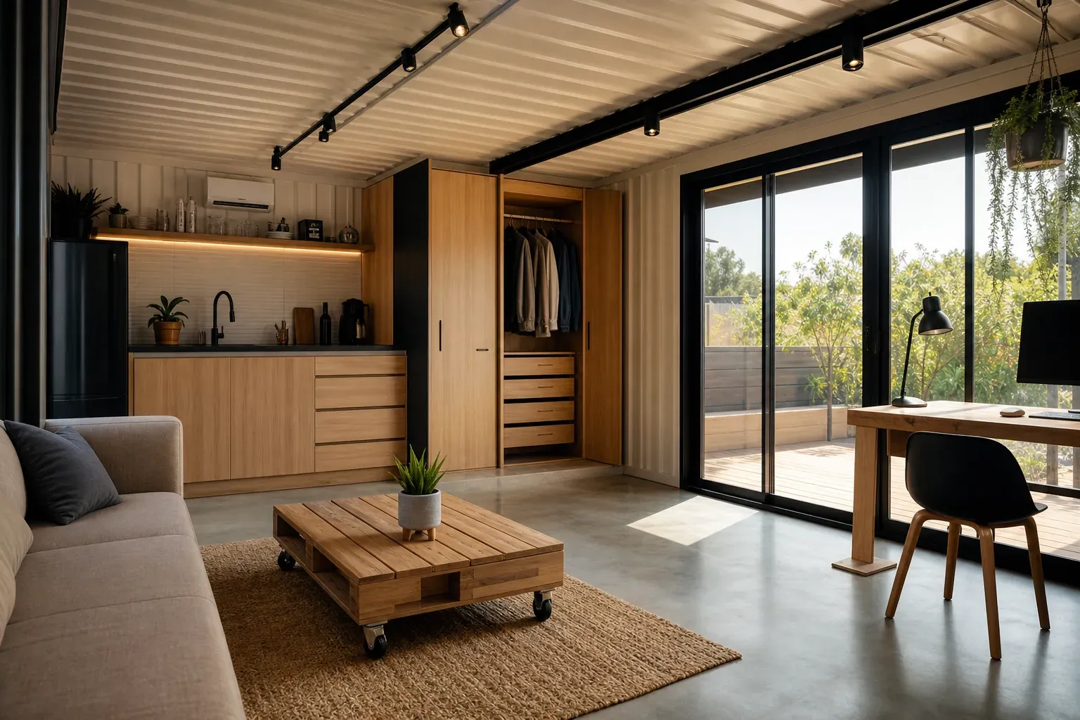 Intérieur ultra moderne d’un studio aménagé dans un container, avec grandes baies vitrées, bois clair, béton et ambiance lumineuse.