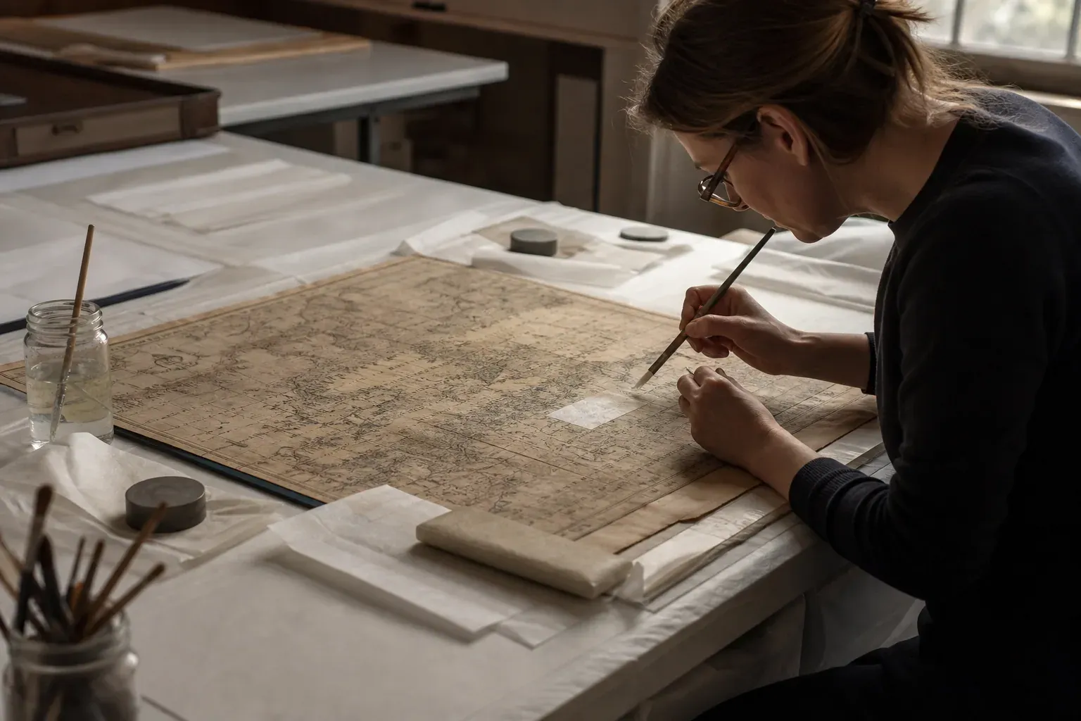 Des mains restaurent une vieille carte géographique sur une table de conservation avec pinceau, papier japonais et outils d’archivage.