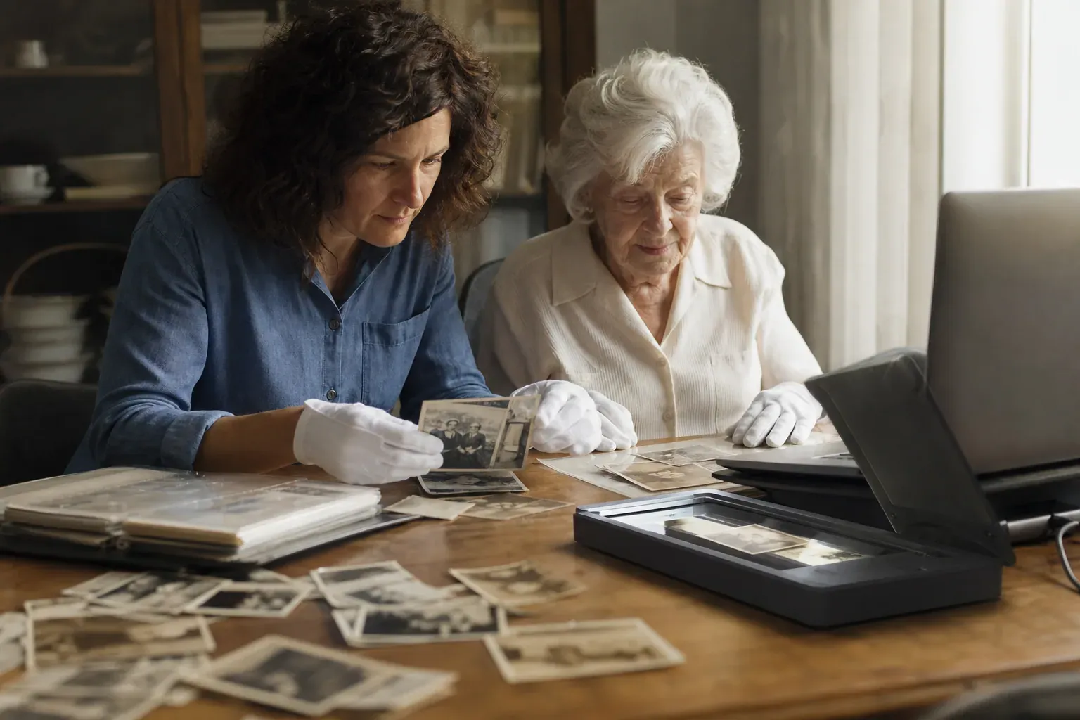 Une personne scanne et retouche de vieilles photos de famille jaunies sur un bureau, avec un scanner à plat et des tirages anciens éparpillés.