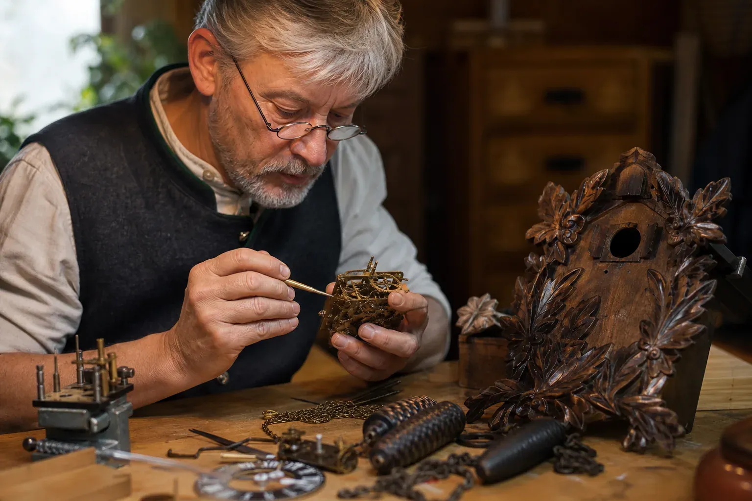 Un horloger restaure avec précision une horloge coucou traditionnelle de la Forêt-Noire sur un établi d’atelier.