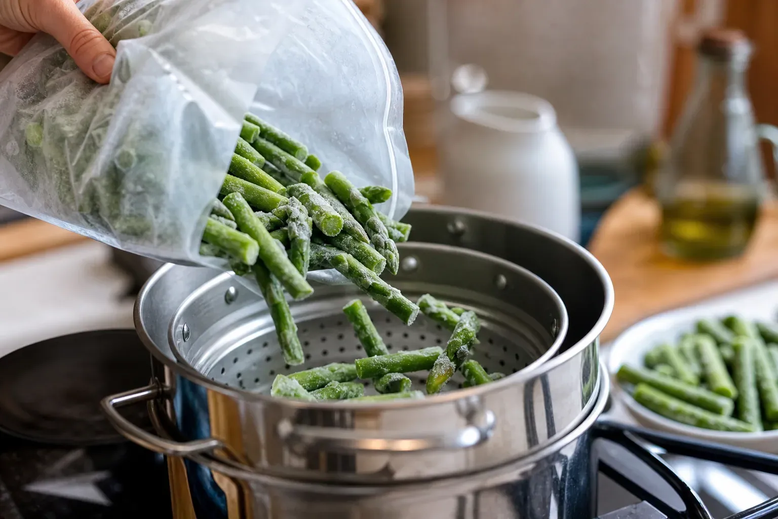 Des asperges vertes encore congelées déposées dans un panier vapeur au-dessus d’une casserole dans une cuisine lumineuse.