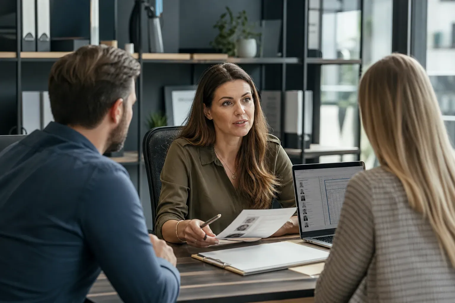 Une responsable RH échange avec deux collègues dans un bureau moderne, avec des dossiers de recrutement et un ordinateur ouvert.