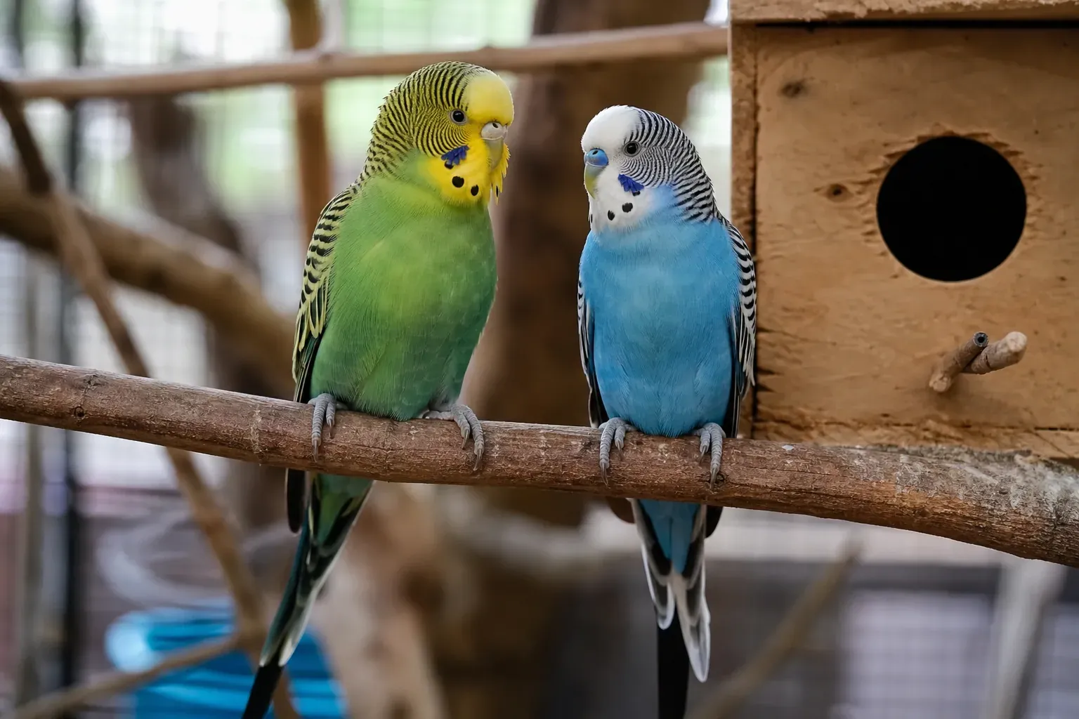 Deux perruches ondulées en bonne santé dans une volière intérieure, près d’un nichoir en bois, sous une lumière naturelle.