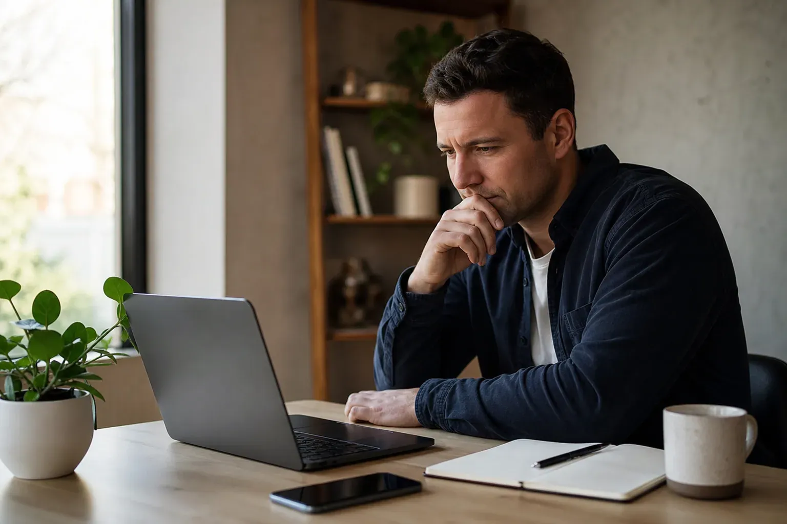 Un entrepreneur en phase de lancement, assis à son bureau, relit un plan d’affaires et un budget sur son ordinateur portable.