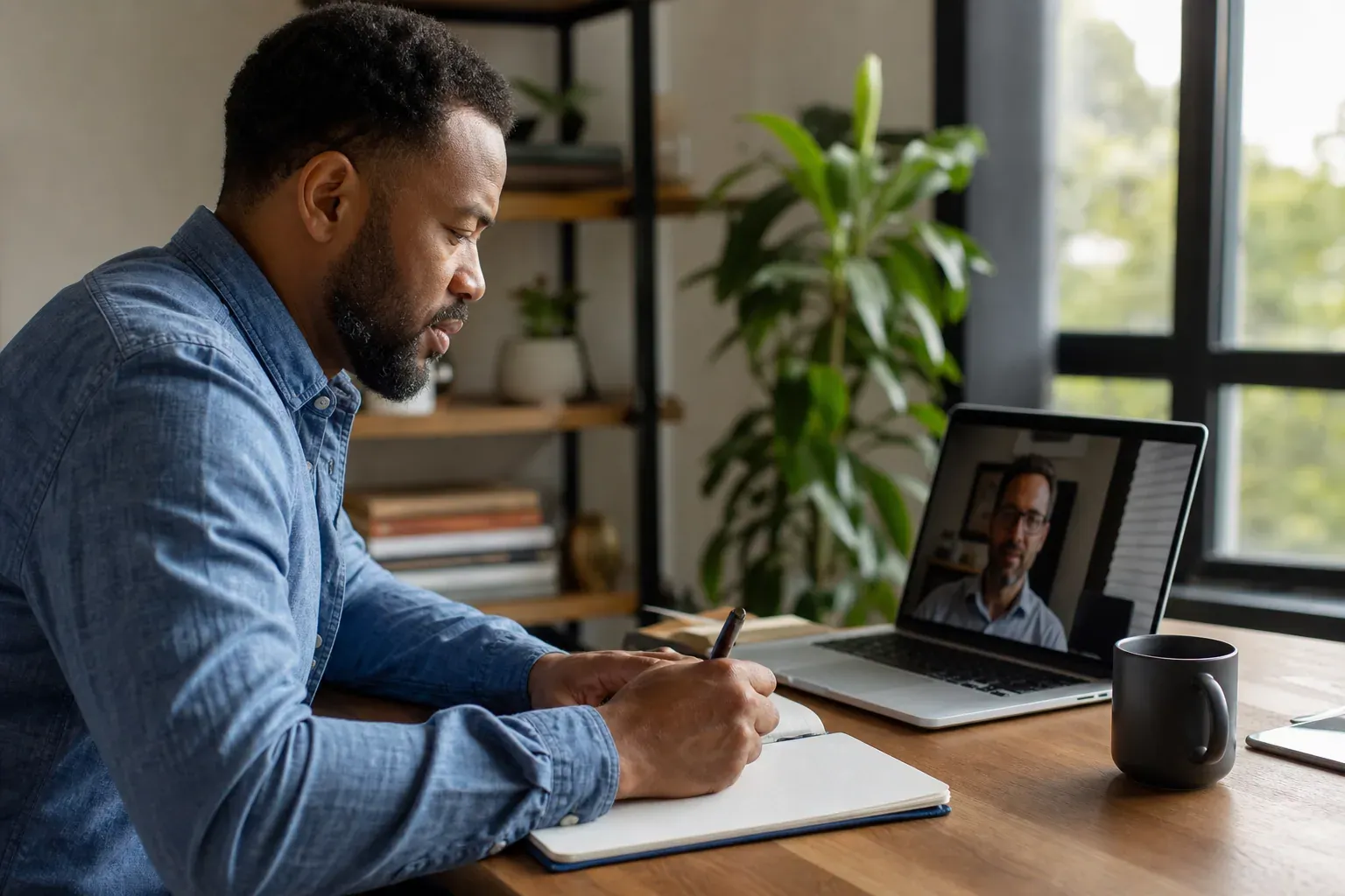 Professionnel en bureau moderne préparant son évolution de carrière avec un carnet, un ordinateur portable et un échange en visioconférence.