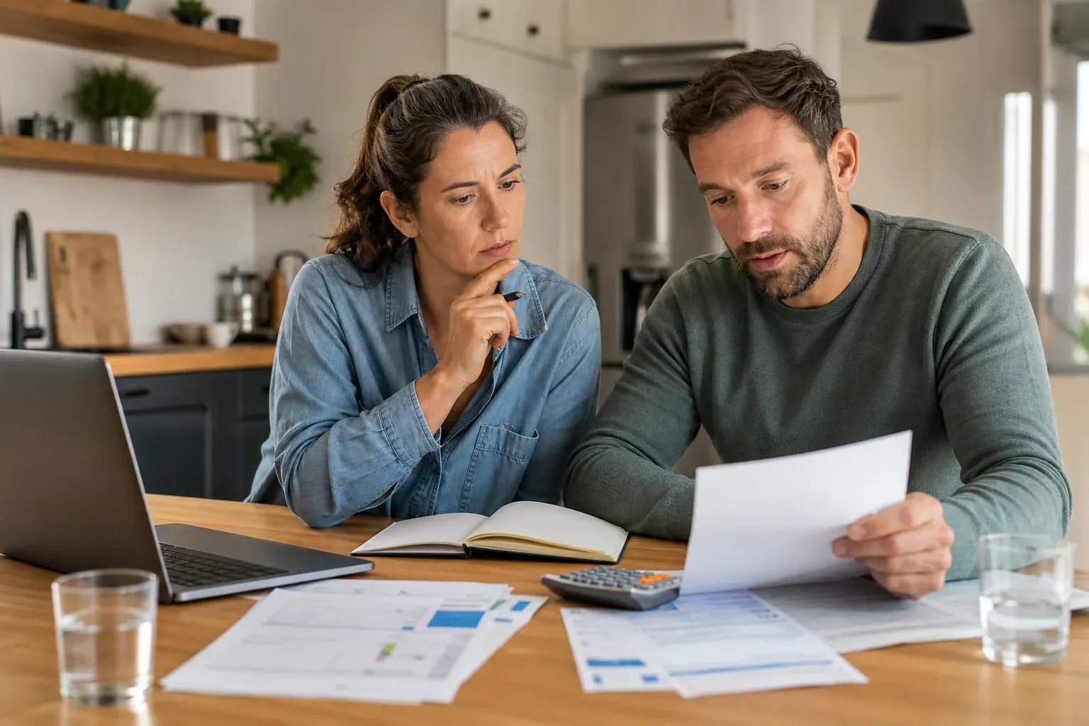 Une personne compare son budget et ses placements sur un ordinateur portable, avec calculatrice et relevés bancaires sur une table.