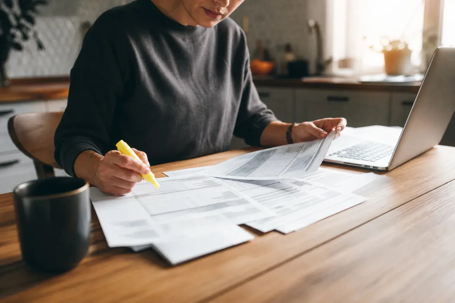 Une personne compare plusieurs contrats d'assurance imprimés étalés sur une table en bois, surligneur à la main, dans la lumière du matin.